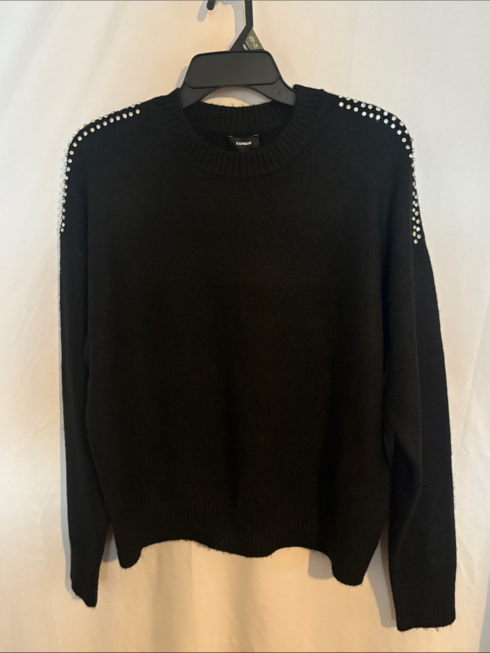 Express Black Crewneck Sweater with Elegant Shoulder Embelishment Detail